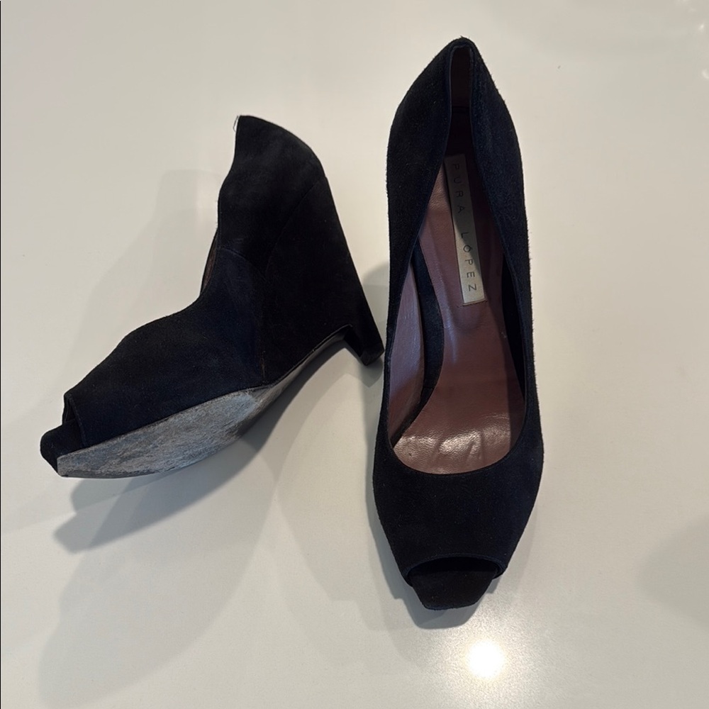 Pura Lopez Black Suede Peep-Toe Wedges